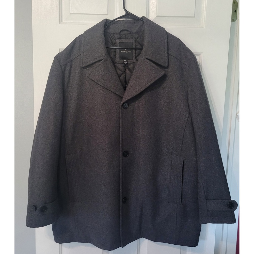 London Fog Men XXL Gray Wool Blend Peacoat Quilted Lined Winter Coat Classic
